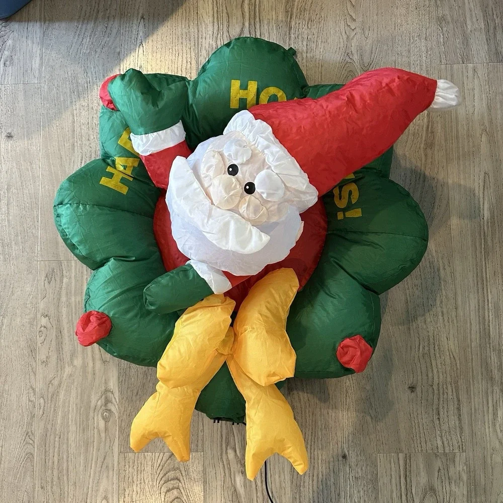Lighted Christmas Hanging Inflatable Santa w/ Wreath & Built-in Lights 30 inches